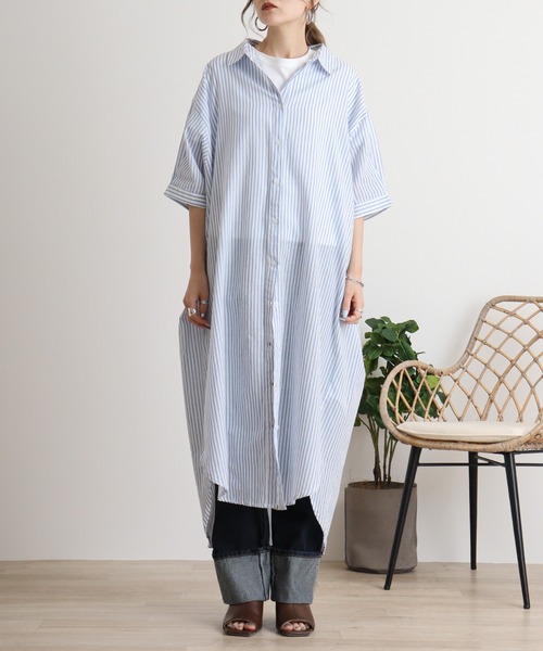 atONE(アットワン)の「ストライプ柄シャツワンピース(シャツワンピース・レディース・ネイビー×ホワイト/ホワイト×ブルー・M)」の7枚目の写真