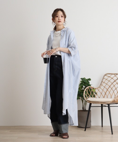 atONE(アットワン)の「ストライプ柄シャツワンピース(シャツワンピース・レディース・ネイビー×ホワイト/ホワイト×ブルー・M)」の16枚目の写真