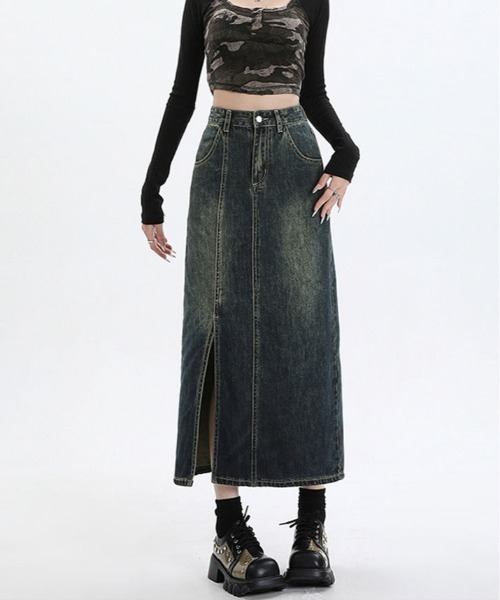 kirakiraShop(キラキラショップ)の「スリット ロング デニム スカート(デニムスカート・レディース・ダークブルー・S/M/L)」の2枚目の写真