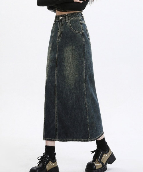 kirakiraShop(キラキラショップ)の「スリット ロング デニム スカート(デニムスカート・レディース・ダークブルー・S/M/L)」の3枚目の写真