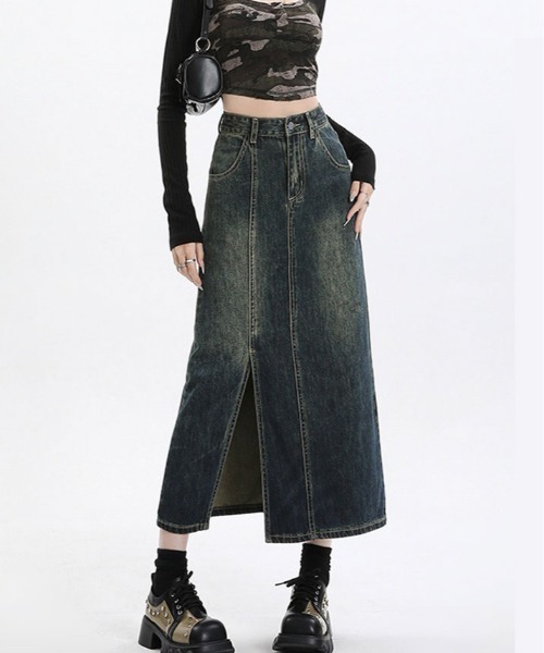 kirakiraShop(キラキラショップ)の「スリット ロング デニム スカート(デニムスカート・レディース・ダークブルー・S/M/L)」の5枚目の写真