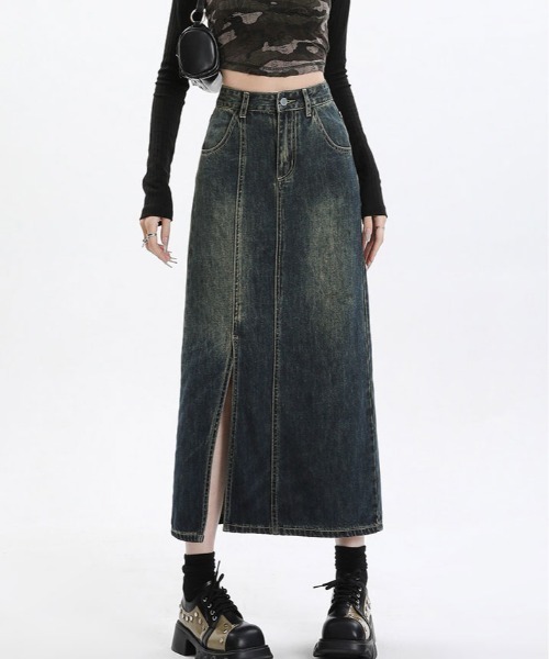 kirakiraShop(キラキラショップ)の「スリット ロング デニム スカート(デニムスカート・レディース・ダークブルー・S/M/L)」の6枚目の写真