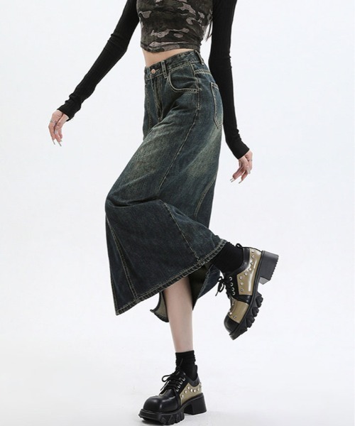 kirakiraShop(キラキラショップ)の「スリット ロング デニム スカート(デニムスカート・レディース・ダークブルー・S/M/L)」の7枚目の写真
