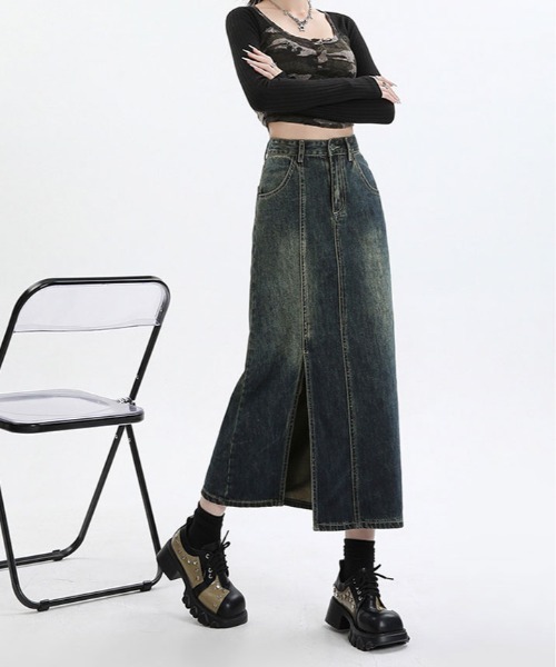 kirakiraShop(キラキラショップ)の「スリット ロング デニム スカート(デニムスカート・レディース・ダークブルー・S/M/L)」の10枚目の写真