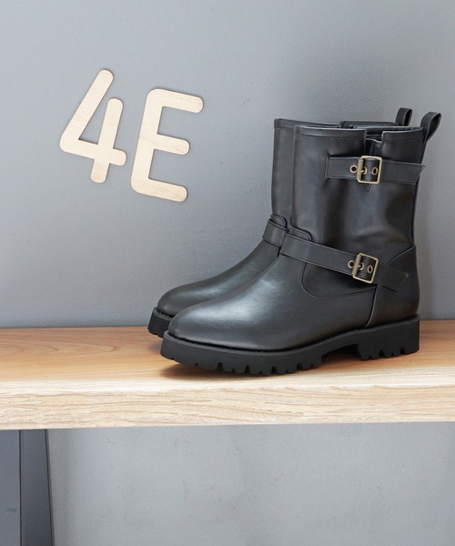4E 幅広】厚底 ダブルベルト サイドファスナー付きエンジニアブーツ