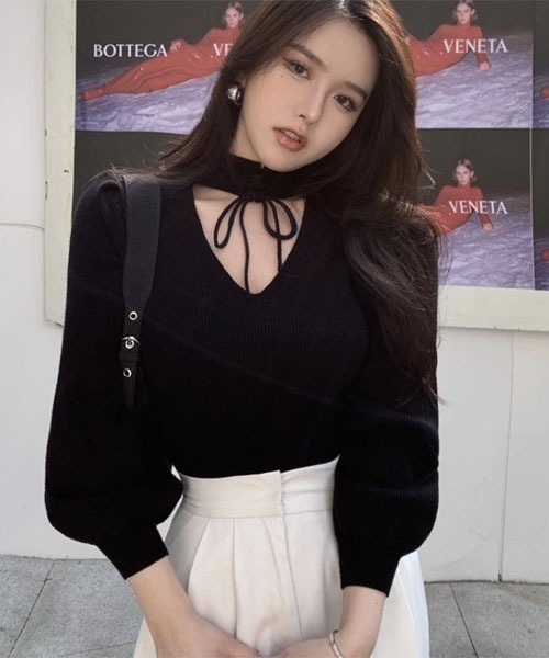 Mayree（メイリー）の「【Mayree】フロント リボン レイヤード リブ トップス（Tシャツ/カットソー・レディース・ブラック/ホワイト・LARGE/MEDIUM/SMALL）」の5枚目の写真