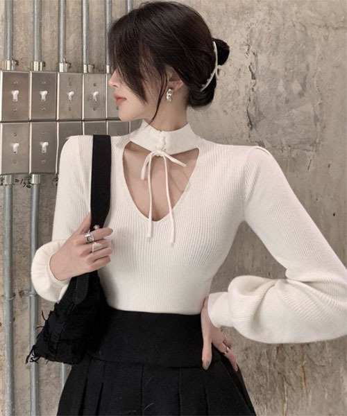 Mayree（メイリー）の「【Mayree】フロント リボン レイヤード リブ トップス（Tシャツ/カットソー・レディース・ブラック/ホワイト・LARGE/MEDIUM/SMALL）」の8枚目の写真