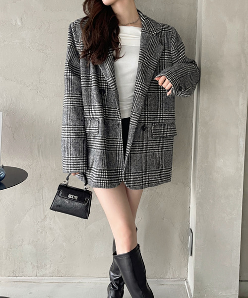 セール】柔らかタッチ チェック テーラードジャケット 軽アウター