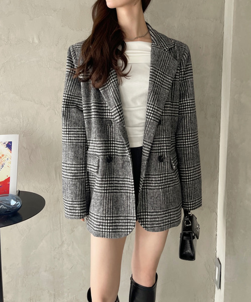 セール】柔らかタッチ チェック テーラードジャケット 軽アウター