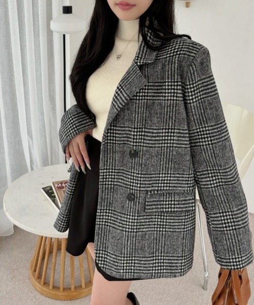 セール】柔らかタッチ チェック テーラードジャケット 軽アウター