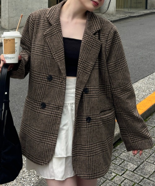 セール】柔らかタッチ チェック テーラードジャケット 軽アウター