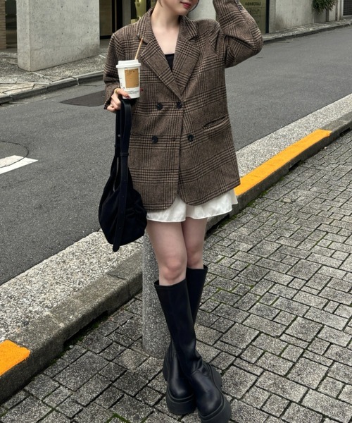 セール】柔らかタッチ チェック テーラードジャケット 軽アウター
