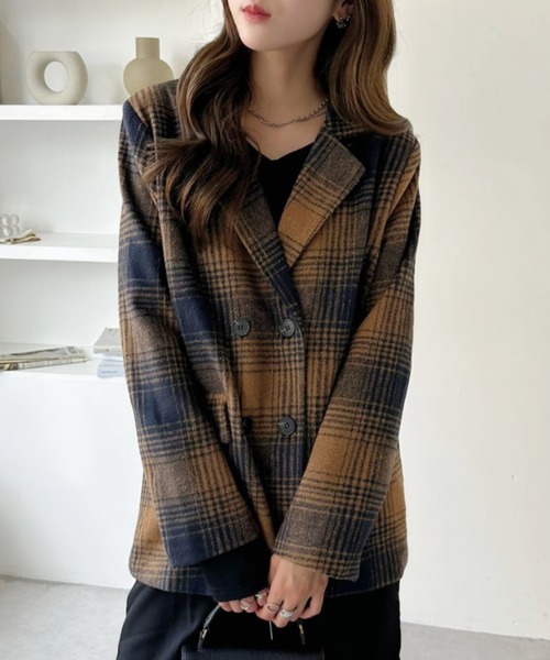 セール】柔らかタッチ チェック テーラードジャケット 軽アウター