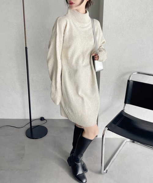TREOVER(トレオーバー)の「メランジニット ミドルネックワンピース(ワンピース・レディース・杢グレー/アイボリー/ブルー/ピンク/ブラック/ベージュ・FREE)」の13枚目の写真