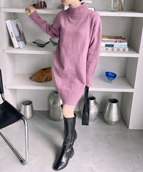 TREOVER(トレオーバー)の「メランジニット ミドルネックワンピース(ワンピース・レディース・杢グレー/アイボリー/ブルー/ピンク/ブラック/ベージュ・FREE)」の18枚目の写真