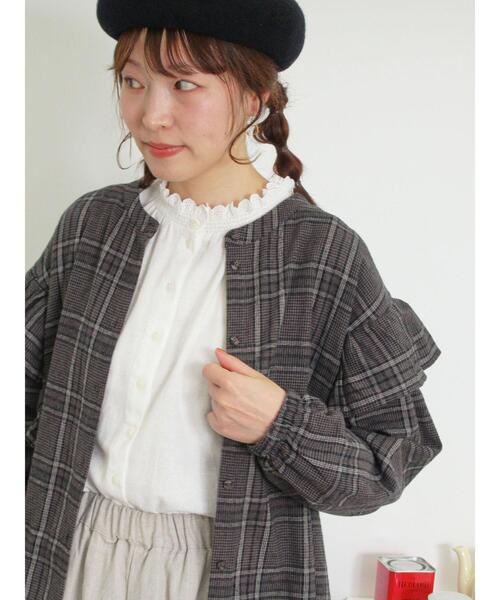 Samansa Mos2（サマンサ モスモス）の「【S/Mサイズ】柄アソート袖フリルスタンドネック前後2WAYワンピース（ワンピース・レディース・チャコールグレー/サックスブルー/ベージュ/レッド・S/M）」の5枚目の写真