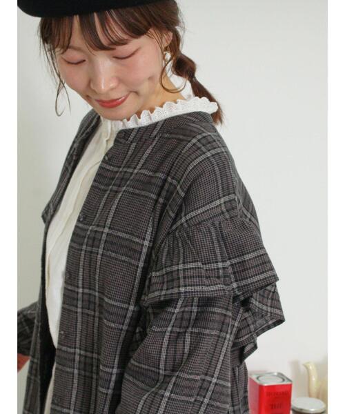 Samansa Mos2（サマンサ モスモス）の「【S/Mサイズ】柄アソート袖フリルスタンドネック前後2WAYワンピース（ワンピース・レディース・チャコールグレー/サックスブルー/ベージュ/レッド・S/M）」の6枚目の写真