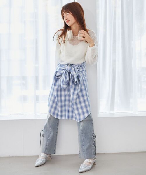 MAJESTIC LEGON（マジェスティックレゴン）の「レースアップメッシュニット（ニット/セーター・レディース・イエロー/ピンク/アイボリー/チャコールグレー・MEDIUM）」の7枚目の写真