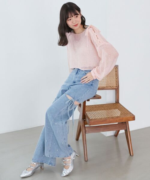 MAJESTIC LEGON（マジェスティックレゴン）の「レースアップメッシュニット（ニット/セーター・レディース・イエロー/ピンク/アイボリー/チャコールグレー・MEDIUM）」の17枚目の写真