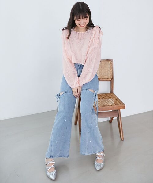 MAJESTIC LEGON（マジェスティックレゴン）の「レースアップメッシュニット（ニット/セーター・レディース・イエロー/ピンク/アイボリー/チャコールグレー・MEDIUM）」の18枚目の写真