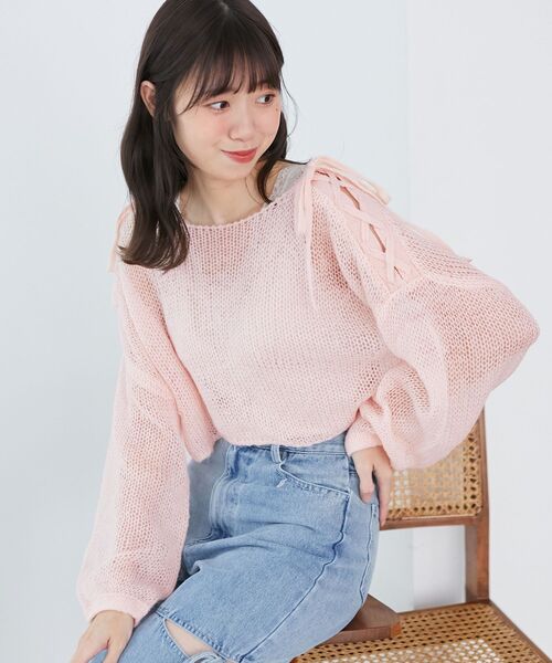 MAJESTIC LEGON（マジェスティックレゴン）の「レースアップメッシュニット（ニット/セーター・レディース・イエロー/ピンク/アイボリー/チャコールグレー・MEDIUM）」の22枚目の写真