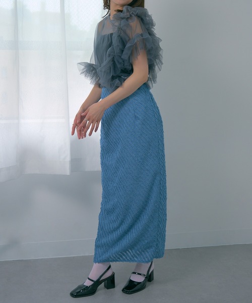 MAGASIN DE MODE Chou Chou(マガジンデモードシュシュ)の「【MAGASIN DE MODE Chou Chou】シアー ミニフリンジジャガード タイトスカート XNN(スカート・レディース・アイボリー/ブルー・FREE)」の7枚目の写真
