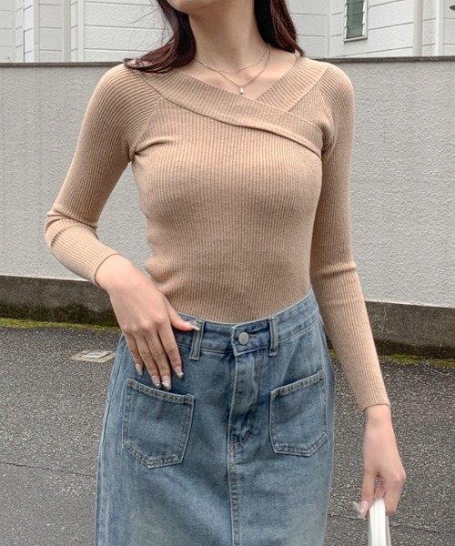 Teem Store(チームストア)の「オフショルダー カシュクールリブニット(ニット/セーター・レディース・ピンク/ブラック/グレー/ベージュ/ホワイト・F)」の21枚目の写真