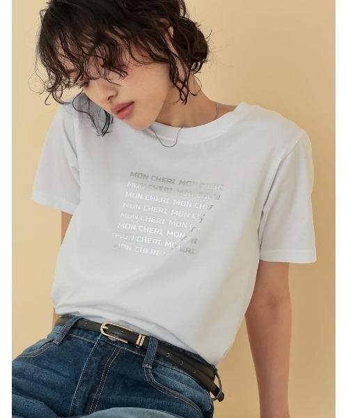 Re:EDIT（リエディ）の「[2025 SUMMER COLLECTION][UVカット][接触冷感][紫外線対策]MON CHERIロゴTシャツ（Tシャツ/カットソー・レディース・ホワイト×レッド/ホワイト×ブラック/ホワイト×シルバー/ブラック×ホワイト・MEDIUM/LARGE）」の11枚目の写真