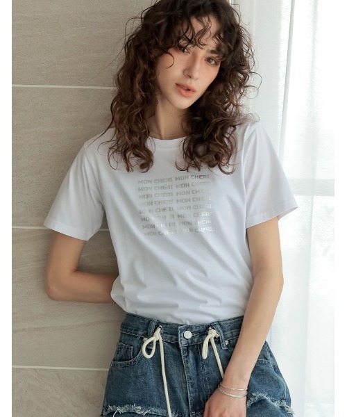 Re:EDIT（リエディ）の「[2025 SUMMER COLLECTION][UVカット][接触冷感][紫外線対策]MON CHERIロゴTシャツ（Tシャツ/カットソー・レディース・ホワイト×レッド/ホワイト×ブラック/ホワイト×シルバー/ブラック×ホワイト・MEDIUM/LARGE）」の7枚目の写真