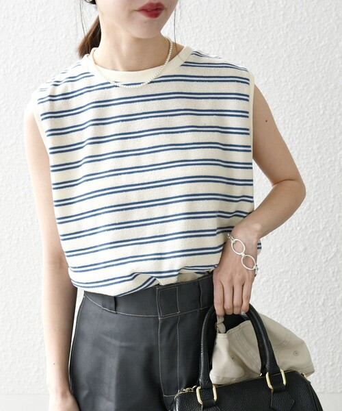 SHIPS any:〈洗濯機可能〉パイル ボーダー ノースリーブ TEE