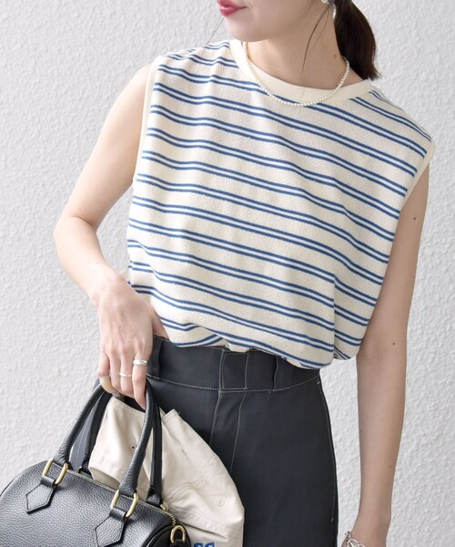 SHIPS any:〈洗濯機可能〉パイル ボーダー ノースリーブ TEE
