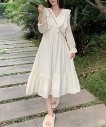 【URGE：】Vネック フリル 長袖 ミモレ丈 ワンピース
