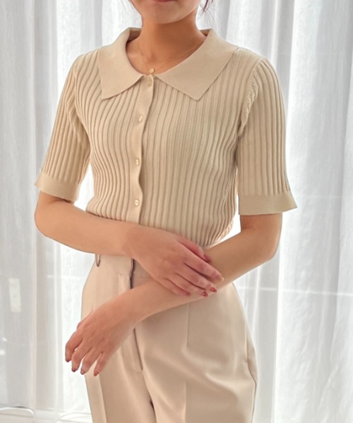 MISCH MASCH（ミッシュマッシュ）の「WEB限定 2025春夏新作 衿付きフロント釦リブニット（ニット/セーター・レディース・ベージュ/ブラック/ピンク・ﾌﾘ-）」の2枚目の写真