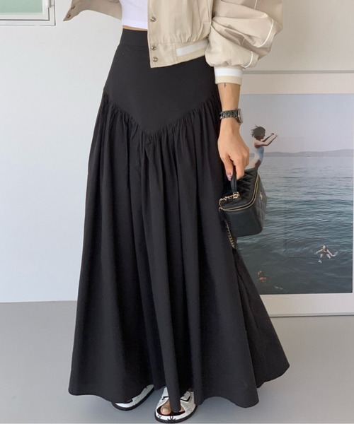 AMAJI（アマジ）の「ギンガムチェックギャザーロングスカート（スカート・レディース・ブラック/ホワイト/チェック・FREE）」の2枚目の写真