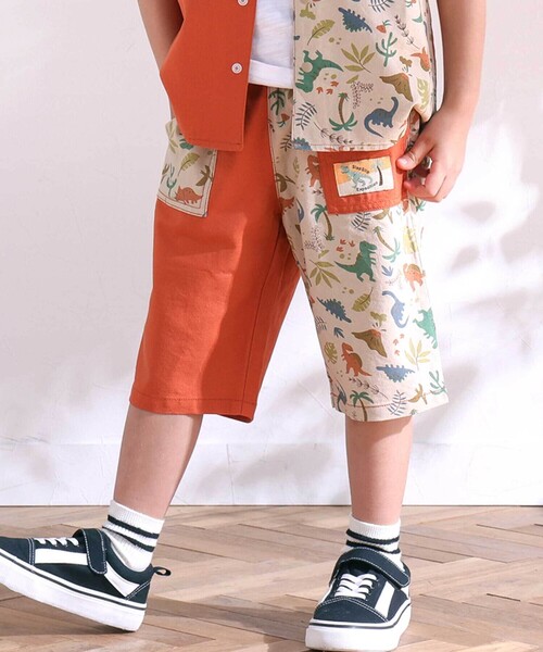 SLAP SLIP（スラップスリップ）の「【お揃い/接触冷感】無地ヒマワリサファリ柄切り替えポケット付き麻レーヨンパンツ(80~130cm)（その他パンツ・キッズ・ベージュ/オレンジ/イエロー系その他/ブルー/ブルー系その他2・110cm/120cm/90cm/130cm/80ｃｍ/100cm）」の2枚目の写真