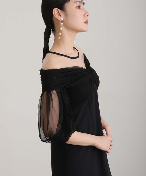 セール】ロング&七分袖フォーマルチュールオフショルダー胸パット入り