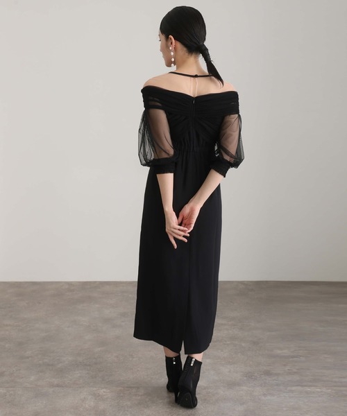 セール】ロング&七分袖フォーマルチュールオフショルダー胸パット入り