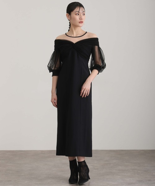 ロング&七分袖フォーマルチュールオフショルダー胸パット入り