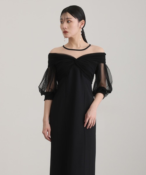 セール】ロング&七分袖フォーマルチュールオフショルダー胸パット入り