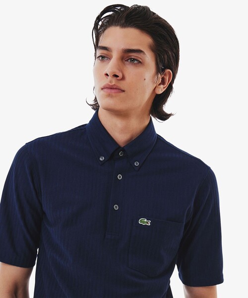 LACOSTE（ラコステ）の「鹿の子地切り替え同色ストライプボタンダウンポロシャツ（ポロシャツ・メンズ・ホワイト/ネイビー/ライトブルー・4/3/5/6）」の7枚目の写真