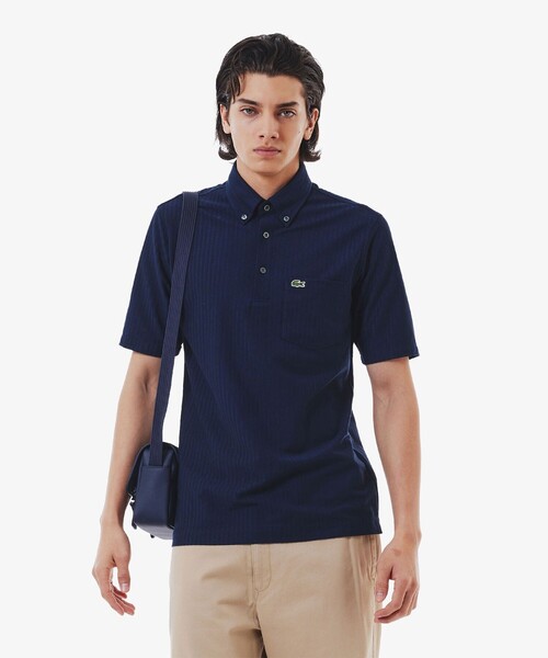 LACOSTE（ラコステ）の「鹿の子地切り替え同色ストライプボタンダウンポロシャツ（ポロシャツ・メンズ・ホワイト/ネイビー/ライトブルー・4/3/5/6）」の4枚目の写真