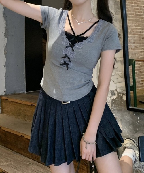SHEPP（シープ）の「フェイクレイヤードリボンレースドッキング半袖Tシャツ（Tシャツ/カットソー・レディース・グレー・M）」の10枚目の写真