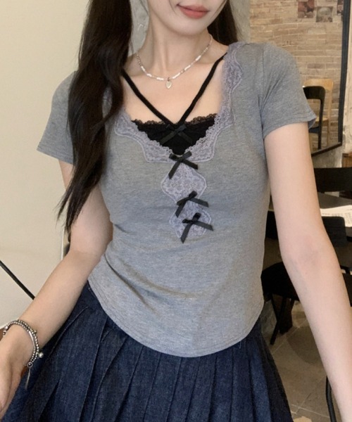 SHEPP（シープ）の「フェイクレイヤードリボンレースドッキング半袖Tシャツ（Tシャツ/カットソー・レディース・グレー・M）」の11枚目の写真