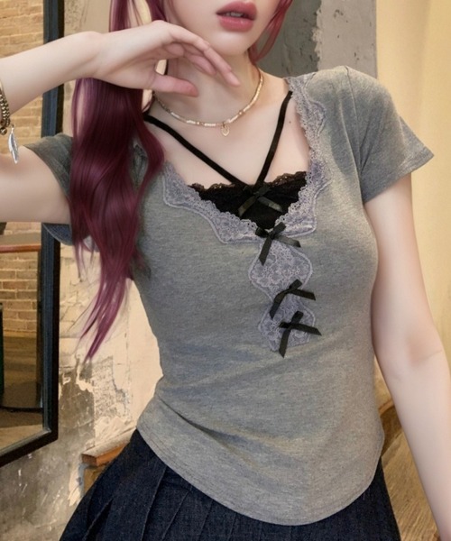 SHEPP（シープ）の「フェイクレイヤードリボンレースドッキング半袖Tシャツ（Tシャツ/カットソー・レディース・グレー・M）」の15枚目の写真