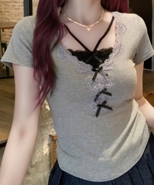 SHEPP（シープ）の「フェイクレイヤードリボンレースドッキング半袖Tシャツ（Tシャツ/カットソー・レディース・グレー・M）」の17枚目の写真