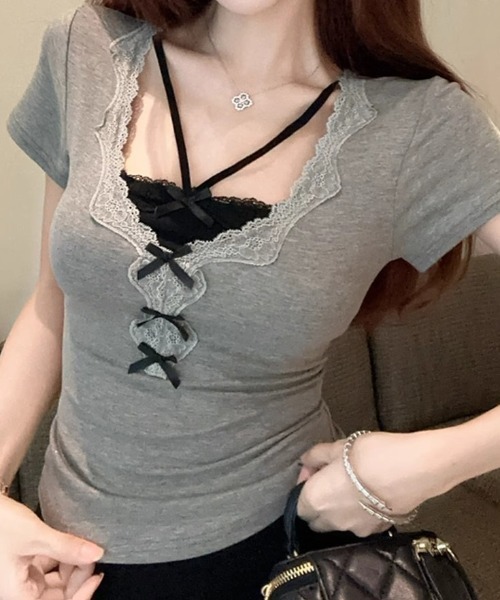 SHEPP（シープ）の「フェイクレイヤードリボンレースドッキング半袖Tシャツ（Tシャツ/カットソー・レディース・グレー・M）」の8枚目の写真