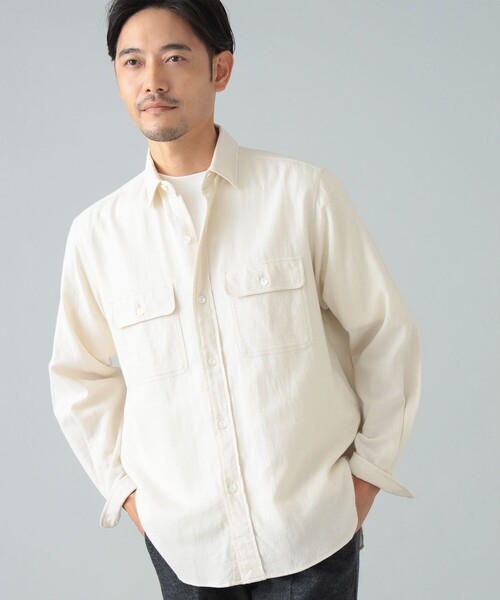 F-LAGSTUF-F × BEAMS T × その他ブランド / 長袖シャツ/M/コットン/WHT/無地 コットン ダブルポケット ワークシャツ（シャツ/ブラウス）｜BEAMS F