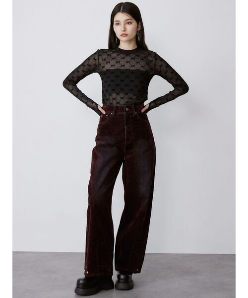 MURUA(ムルーア)の「フロッキーバレルレッグデニム【セット販売対象】(デニムパンツ・レディース・グレー/ブラック/ボルドー・1/2)」の4枚目の写真