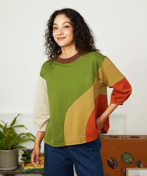 Jocomomola(ホコモモラ)の「Rompecabezas パッチワーク切り替えカットソー(Tシャツ/カットソー・レディース・ブルー/グリーン・40)」の1枚目の写真