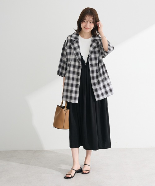 Green　Parks（グリーンパークス）の「チェック5分袖ジャケット（テーラードジャケット・レディース・ベージュ/ブラック・FREE）」の15枚目の写真